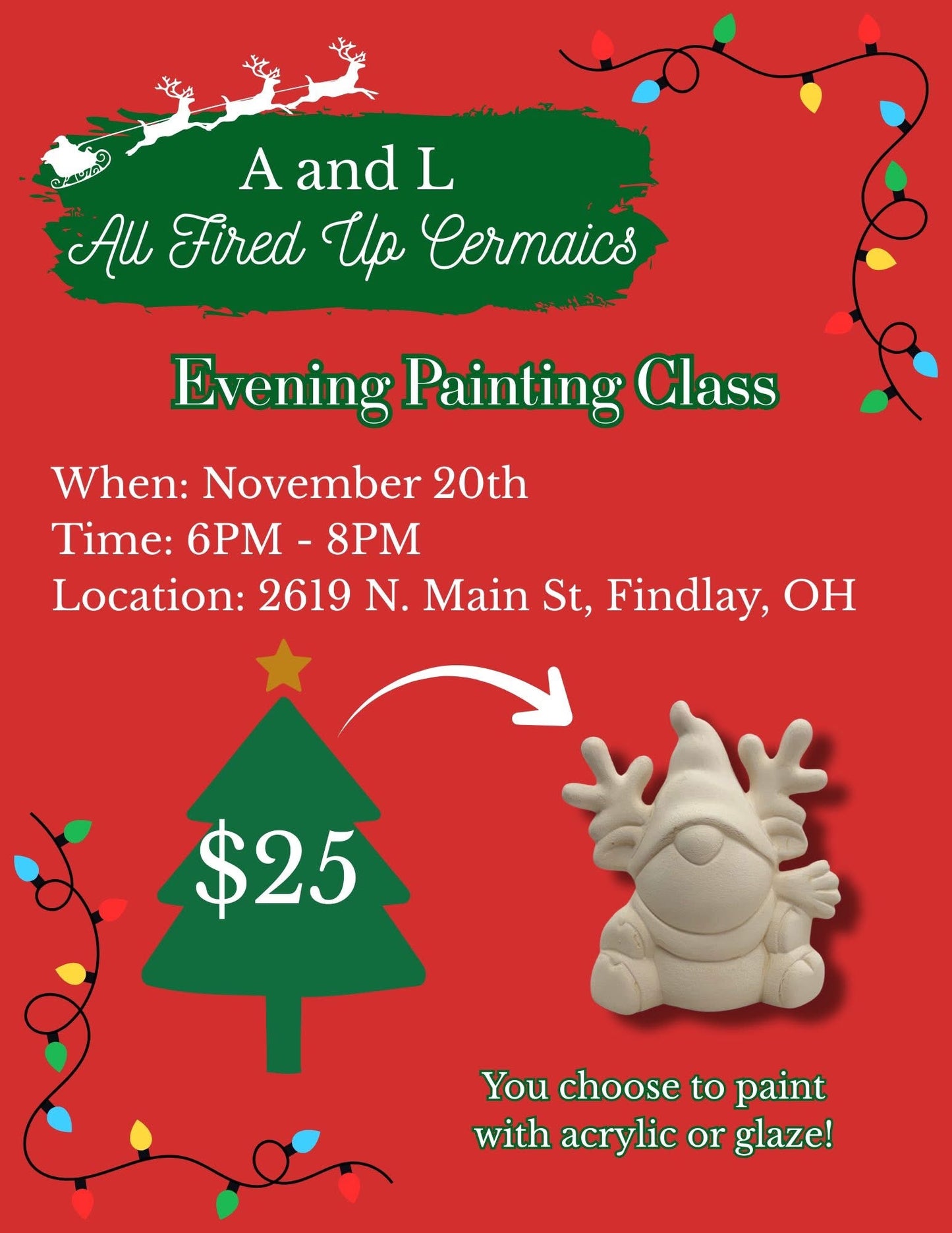 Reindeer Gnome Evening Class Thursday November 20th 6-9PM