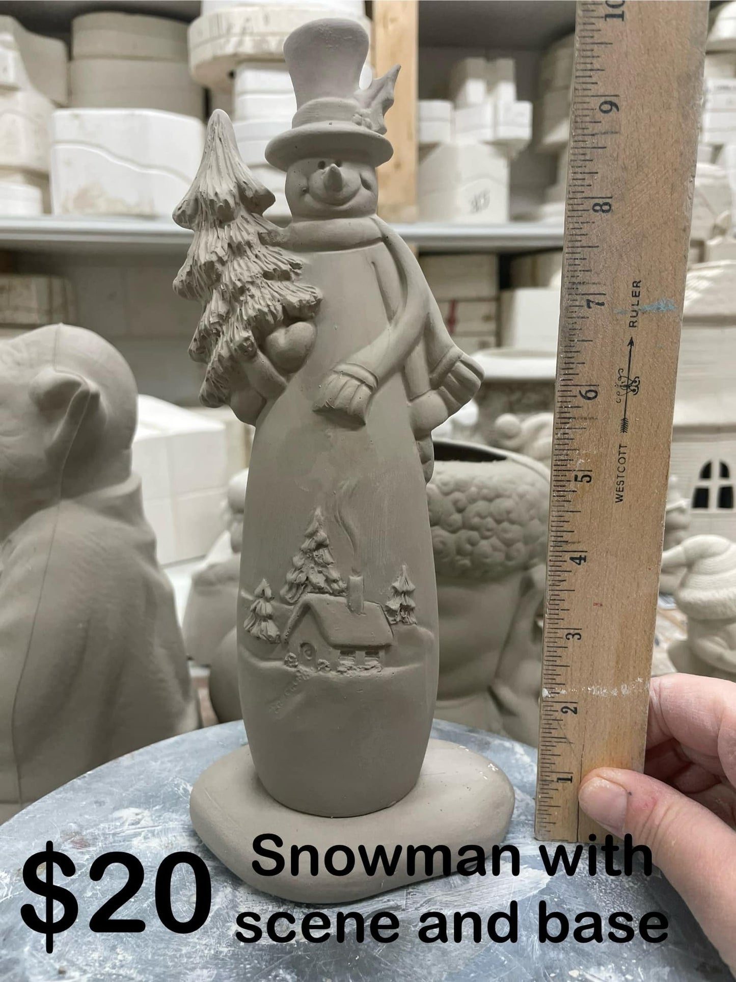 SNOWMAN WITH TREE SCENE-$20--9"