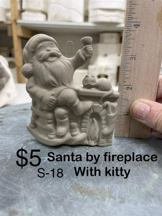 SANTA BY FIREPLACE WITH KITTY ORNAMENT -$5