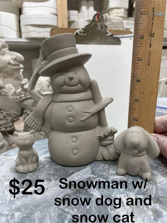 SNOWMAN WITH DOG AND CAT -$25 -6" TALL