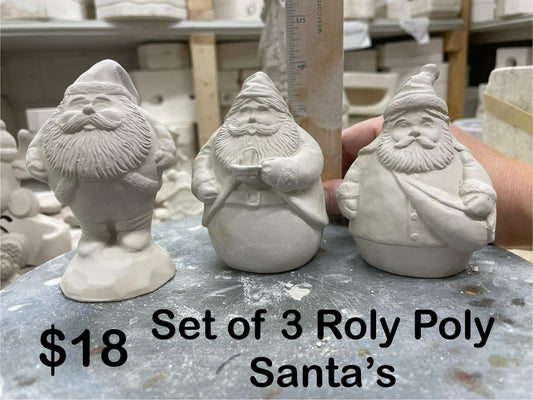 SET OF 3 ROLY POLY SANTAS -$18 --