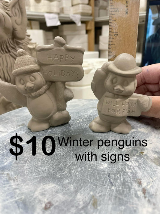 WINTER PENGUIN WITH SIGNS - SET OF 2  -$10