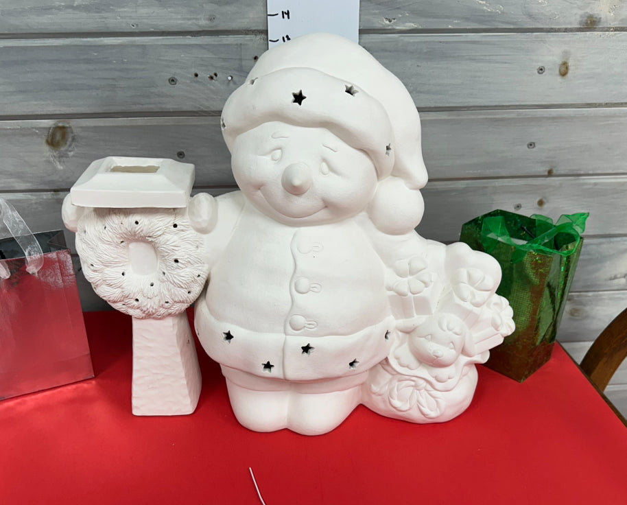 LARGE SNOWMAN WITH GIFTS, WREATH & PILLAR- $45 BISQUE