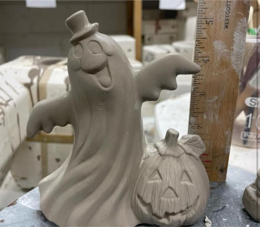 GHOST WEARING TOP HAT WITH PUMPKIN